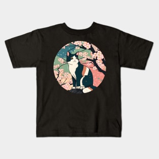 Cherry Blossom Cat Sakura Japanese Kawaii Kids T-Shirt